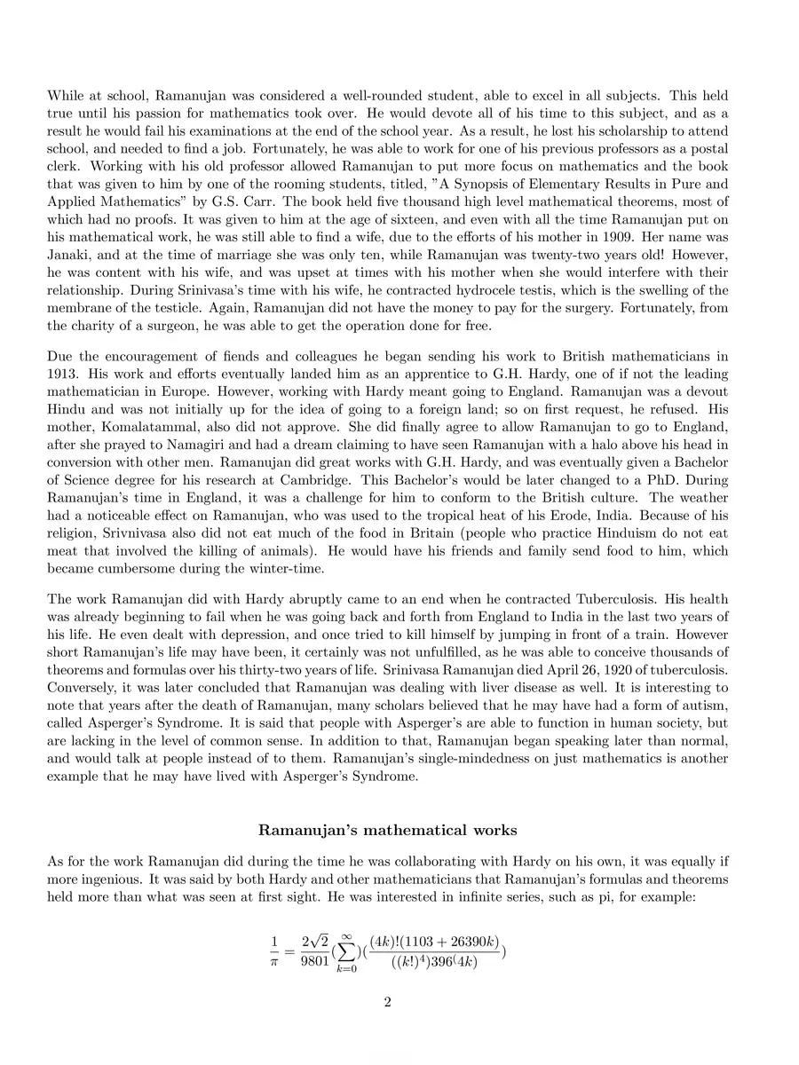 2nd Page of Short Biography of Ramanujan PDF