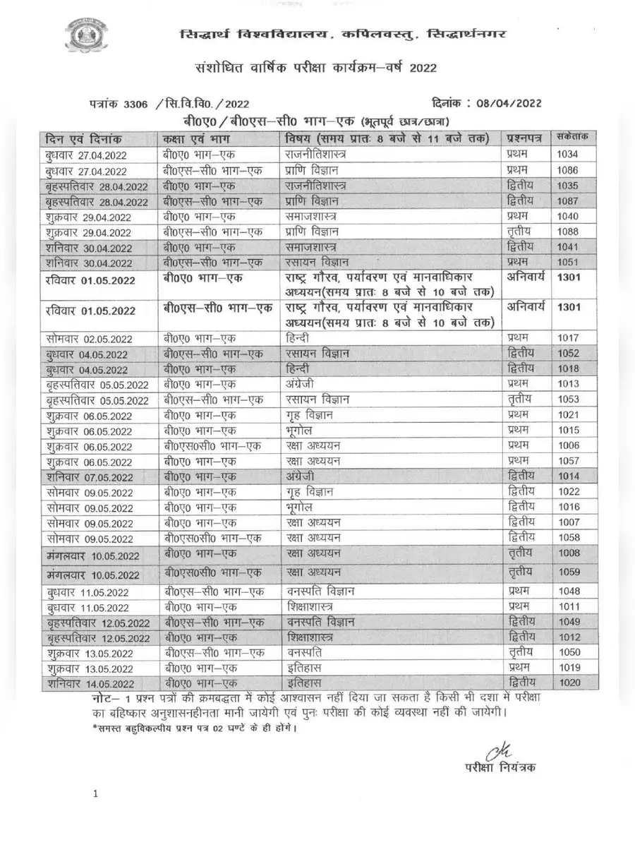 2nd Page of Siddharth University Time Table 2022 PDF