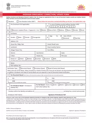 Certificate for Aadhaar Enrolment/Update Form