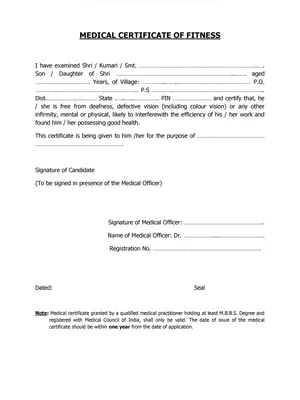 Medical Fitness Certificate Form/Format PDF
