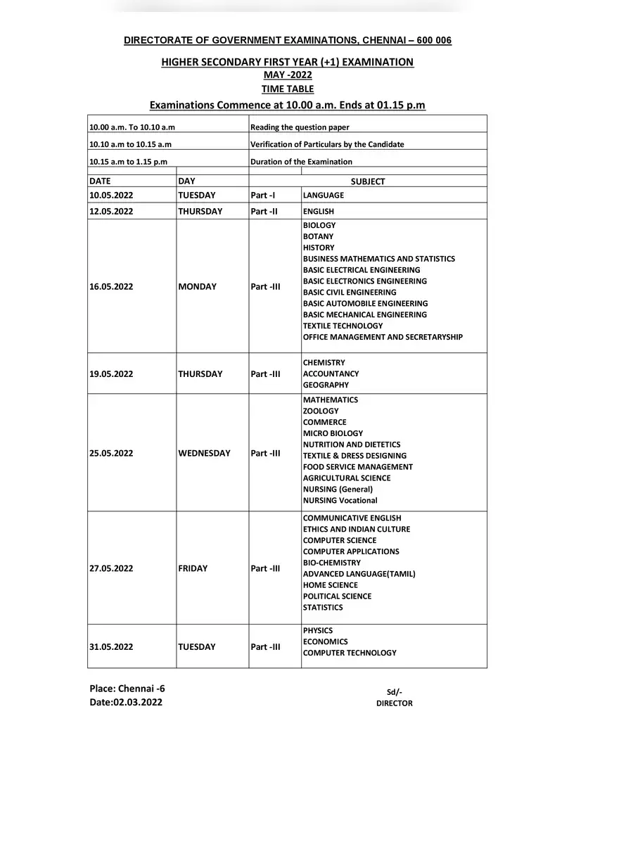 2nd Page of 10th Public Exam Time Table 2022 PDF