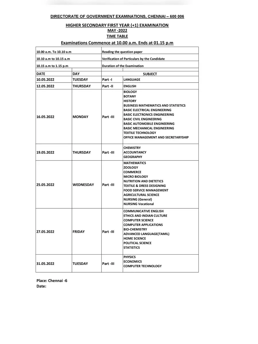 2nd Page of 12th Public Exam Time Table 2022 PDF
