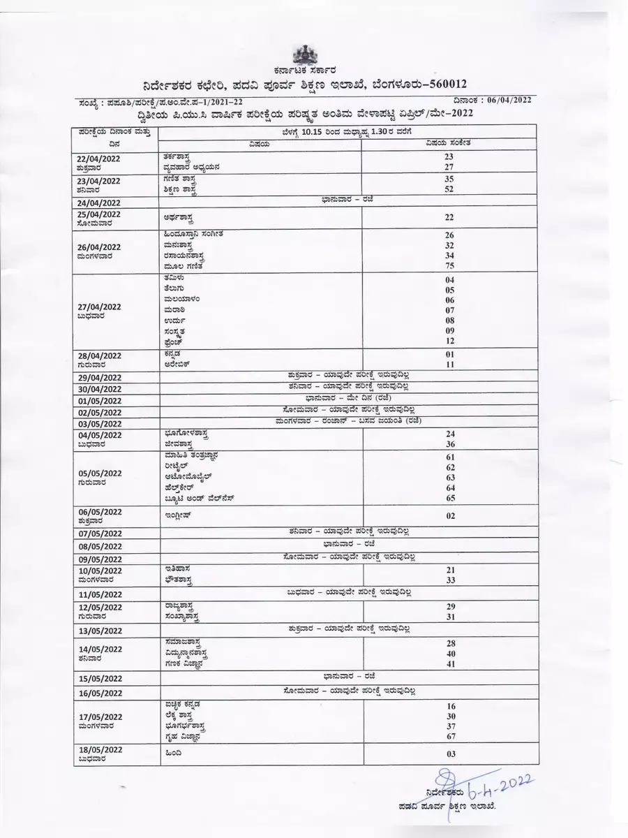 2nd Page of 2nd PUC Exam Time Table 2022 PDF