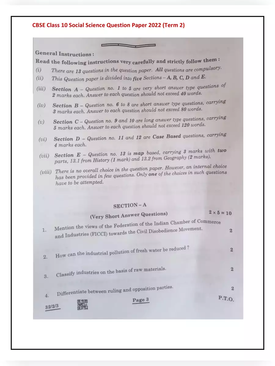 2nd Page of Class 10 Social Science Question Paper 2022 PDF