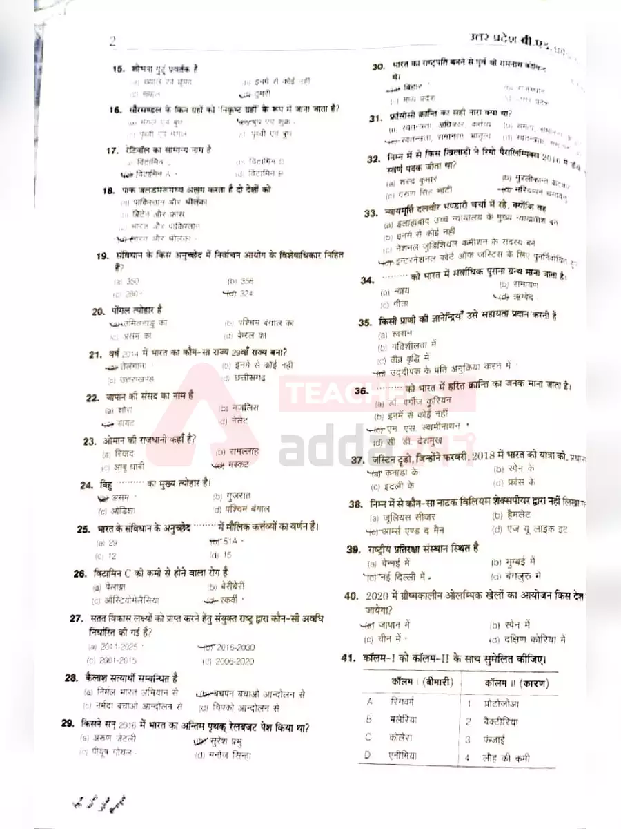 2nd Page of B.ED Entrance Exam Question Papers with Answers Hindi PDF
