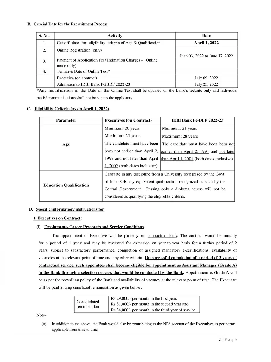 2nd Page of IDBI Notification 2022 PDF