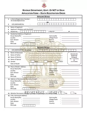 Delhi Death Certificate Application Form PDF