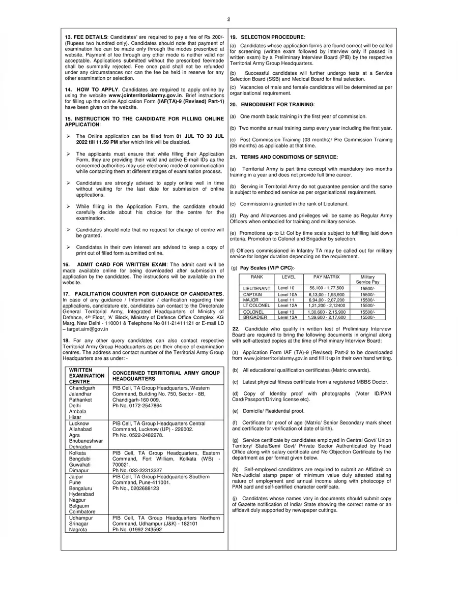2nd Page of Territorial Army Recruitment 2022 Notification PDF