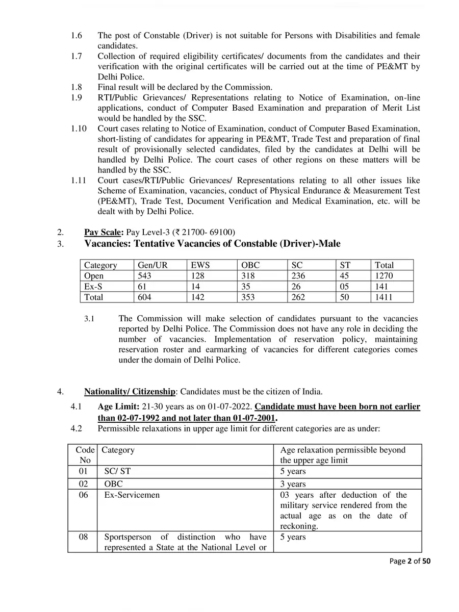 2nd Page of Delhi Police Driver Vacancy 2022 Notification PDF