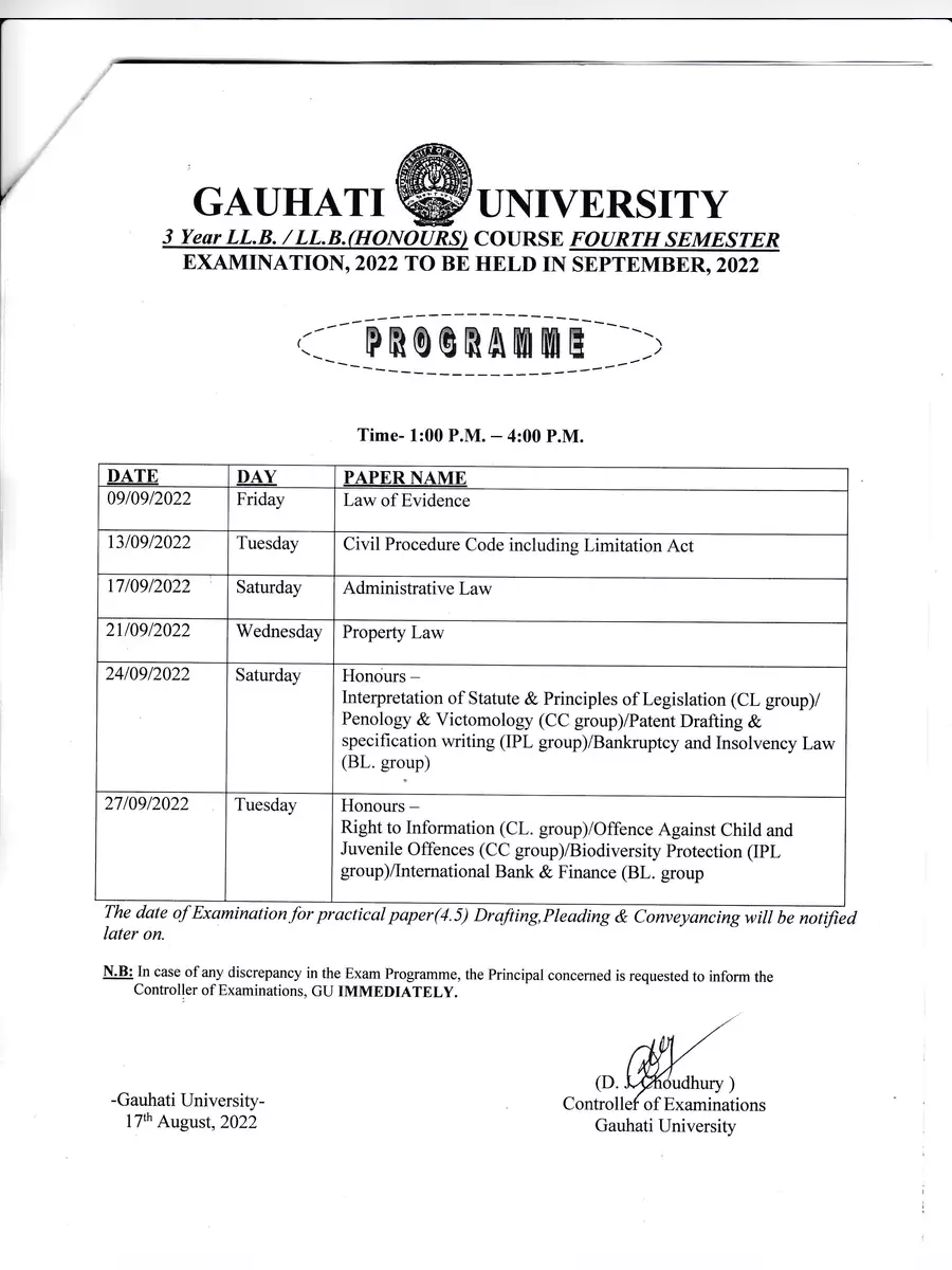 2nd Page of Gauhati University Exam Routine 2022 PDF