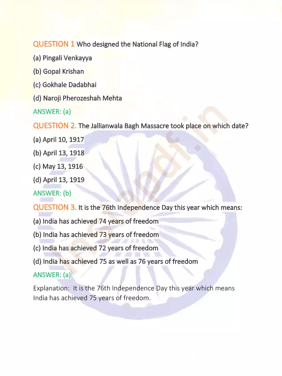 2nd Page of Independence Day Quiz Questions & Answer PDF