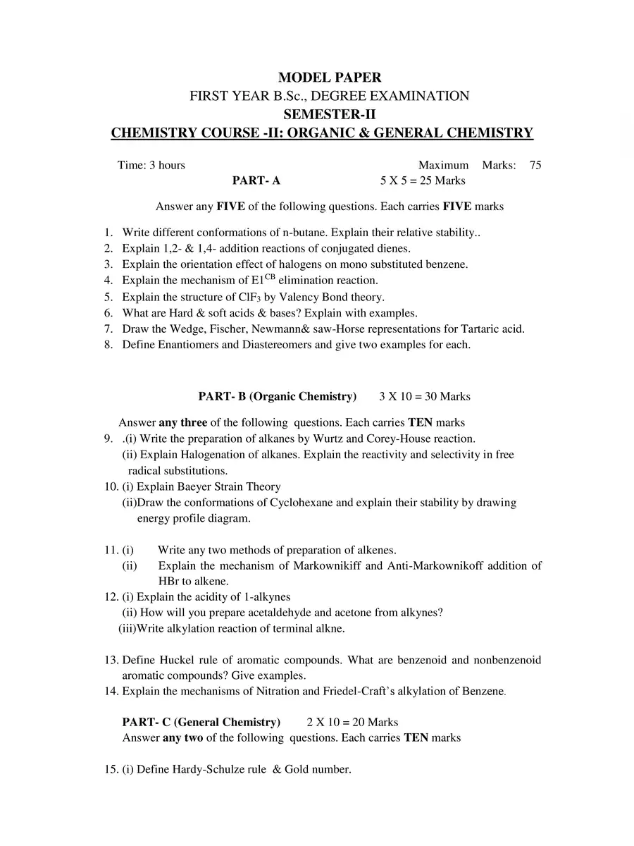 2nd Page of B.Sc 1st Year Chemistry Important Questions 2022 PDF