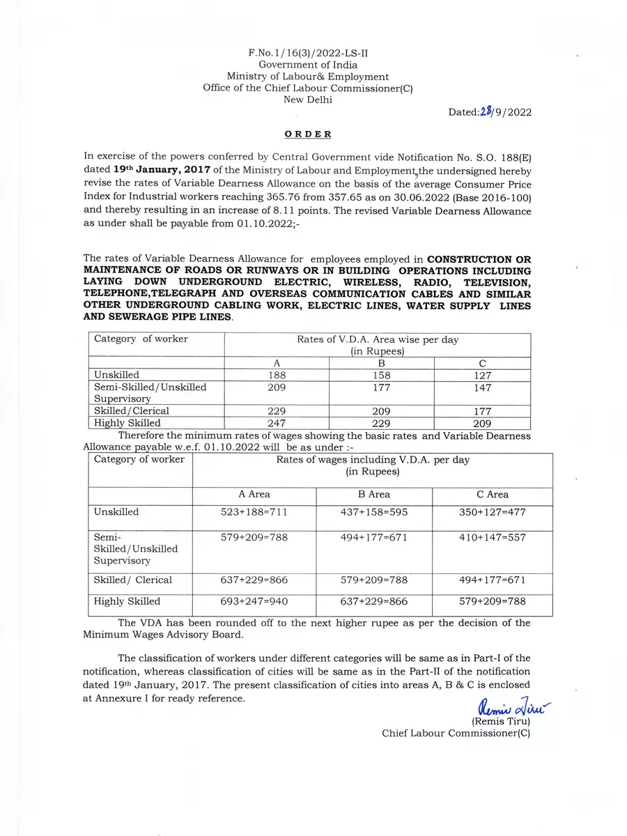 2nd Page of Minimum Wages Delhi October 2022 Notification PDF