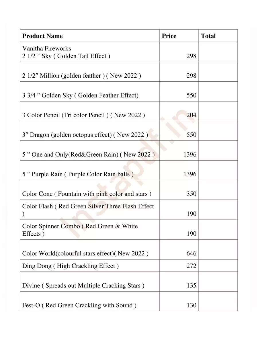 2nd Page of Vanitha Fireworks Price List 2024 PDF