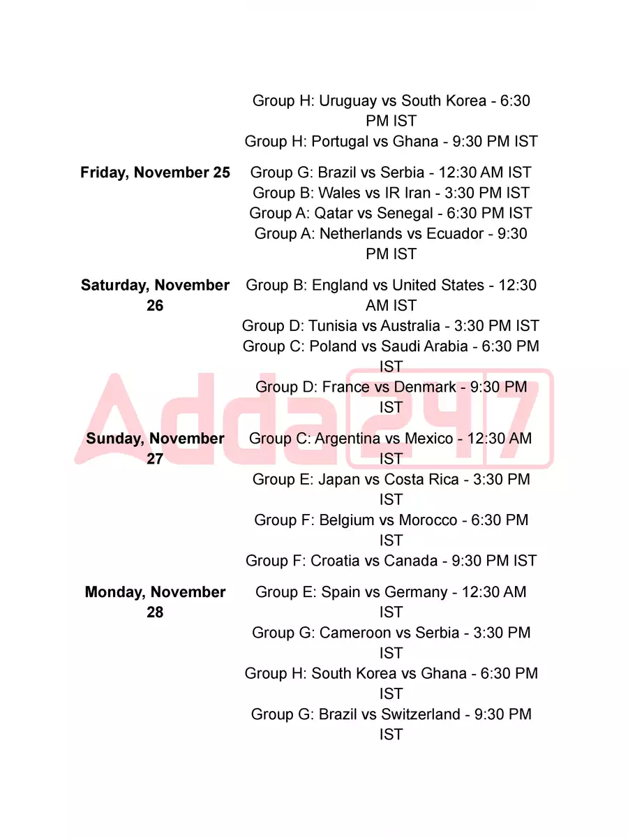 2nd Page of FIFA World Cup 2022 Schedule Indian Time PDF