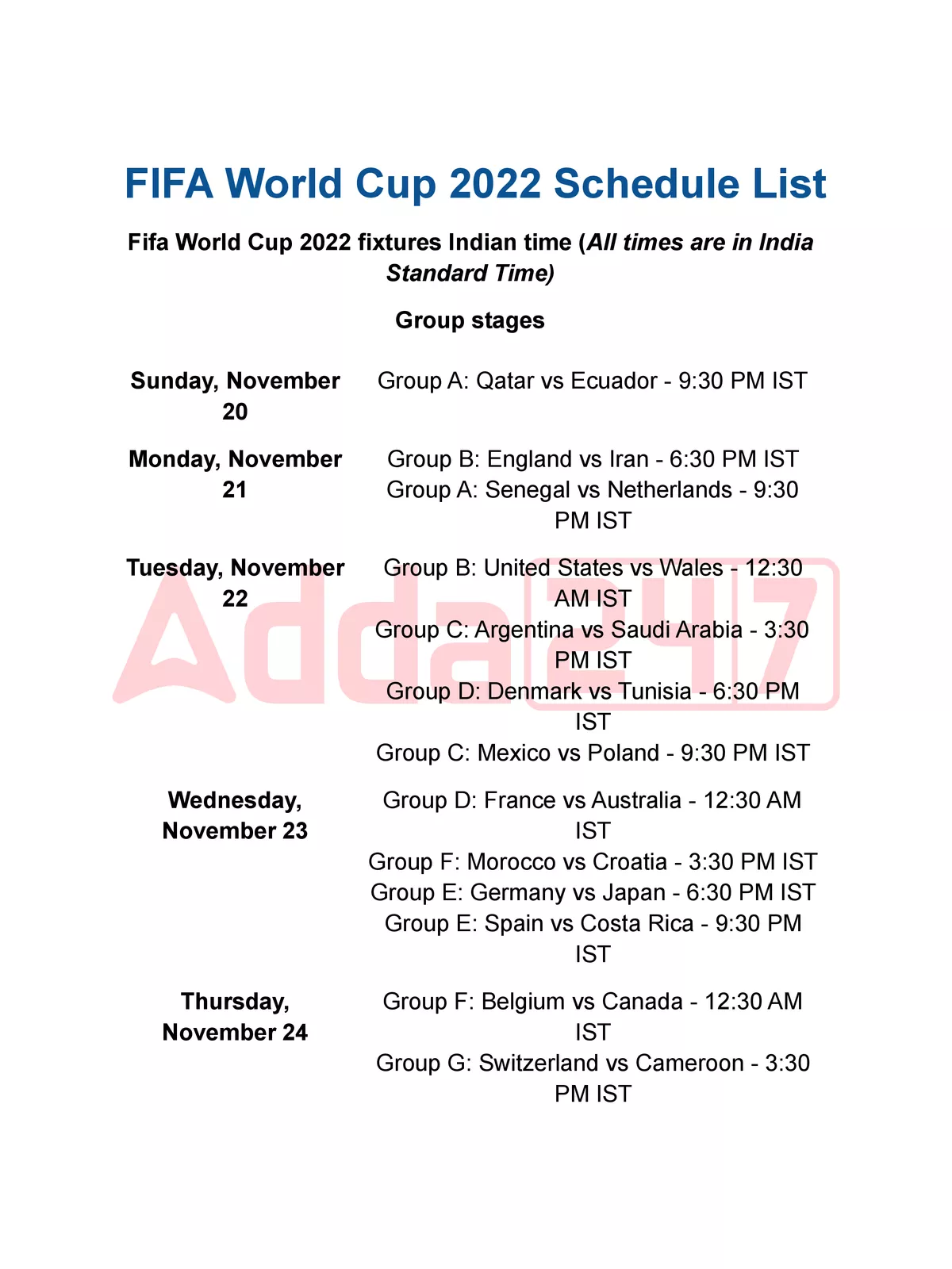 FIFA World Cup 2022 Schedule Indian Time
