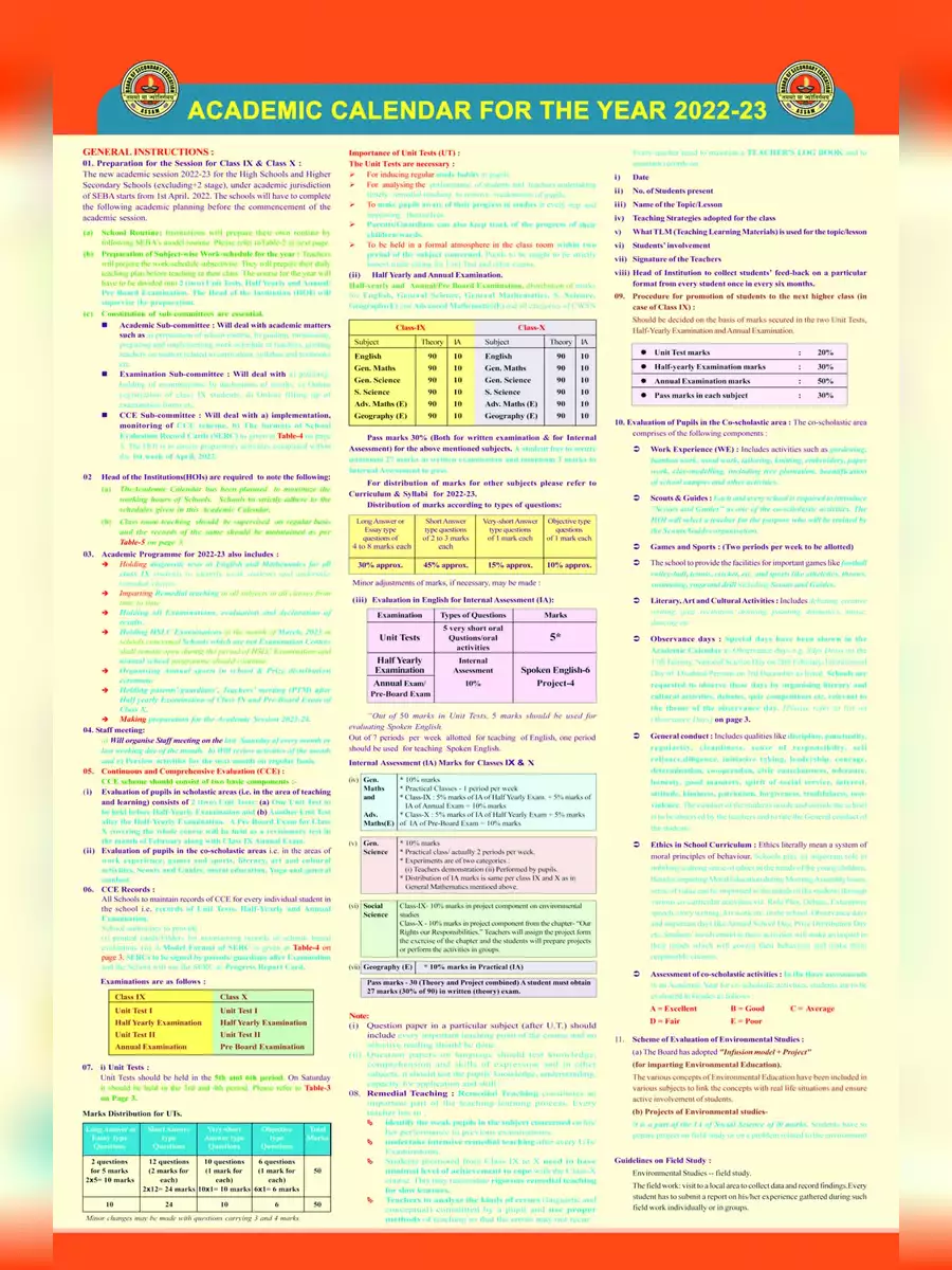 2nd Page of Seba Academic Calendar 2022-23 PDF