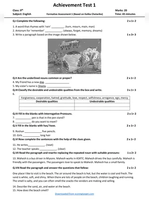 9th Class FA1 Question Paper 2022