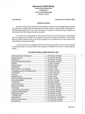 West Bengal Govt Holiday List 2023 PDF