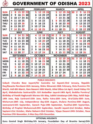 Odisha Govt Calendar 2023 PDF