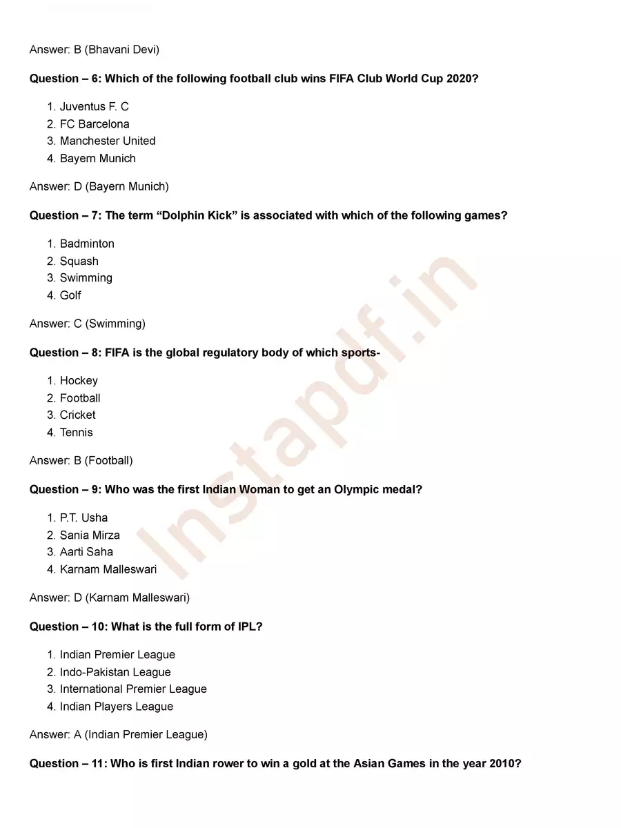 2nd Page of Sports Quiz Questions and Answers PDF