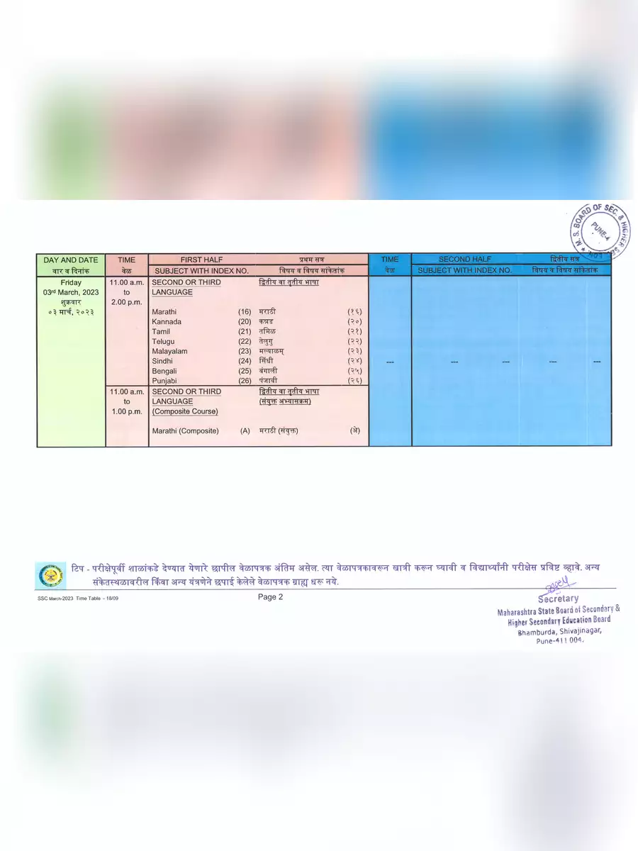 2nd Page of 10th/SSC Time Table 2022 Maharashtra Board PDF