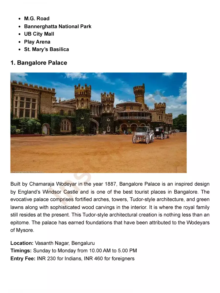 2nd Page of Bangalore Tourist Places List PDF