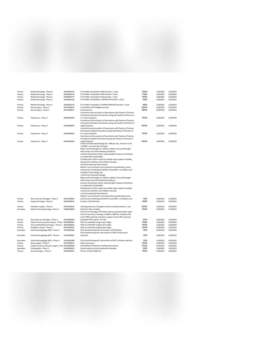 2nd Page of Chiranjeevi Yojana Package List PDF