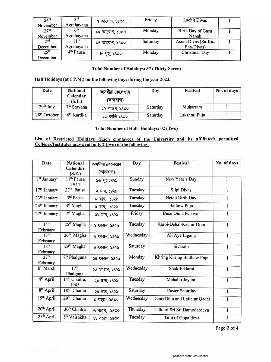 2nd Page of Dibrugarh University Holiday List 2023 PDF