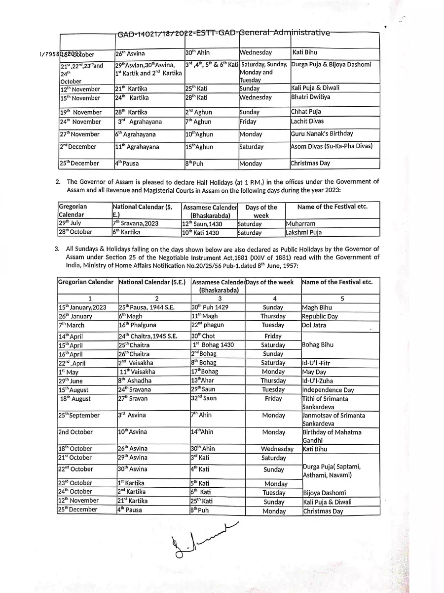 2nd Page of Holiday List 2023 Assam PDF