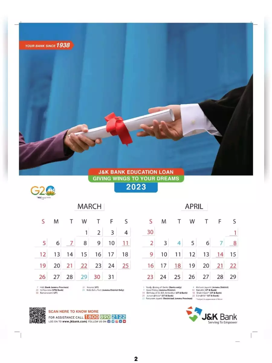 2nd Page of JK Bank Calendar 2023 PDF