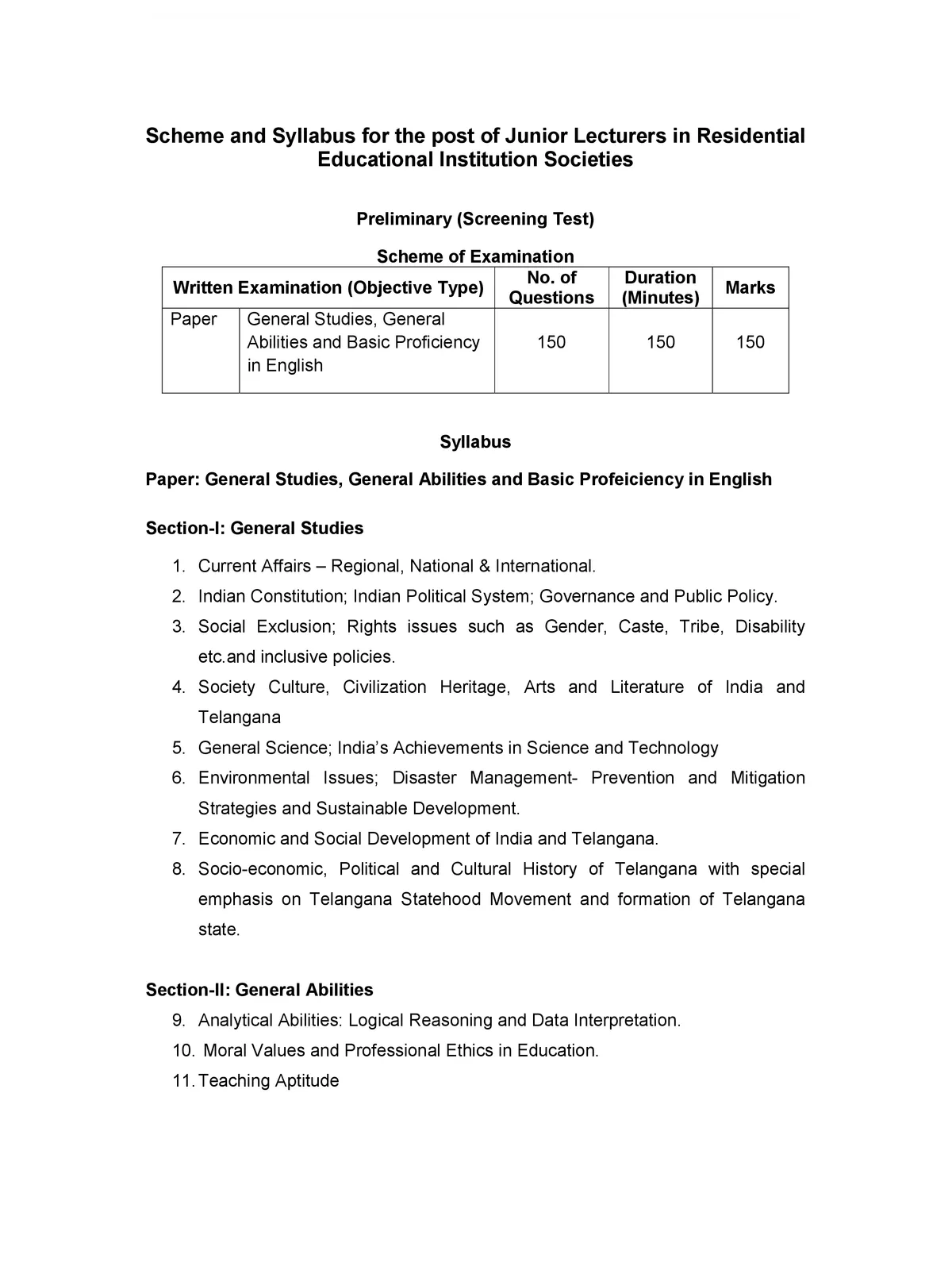 JL Notification 2022 Telangana Syllabus