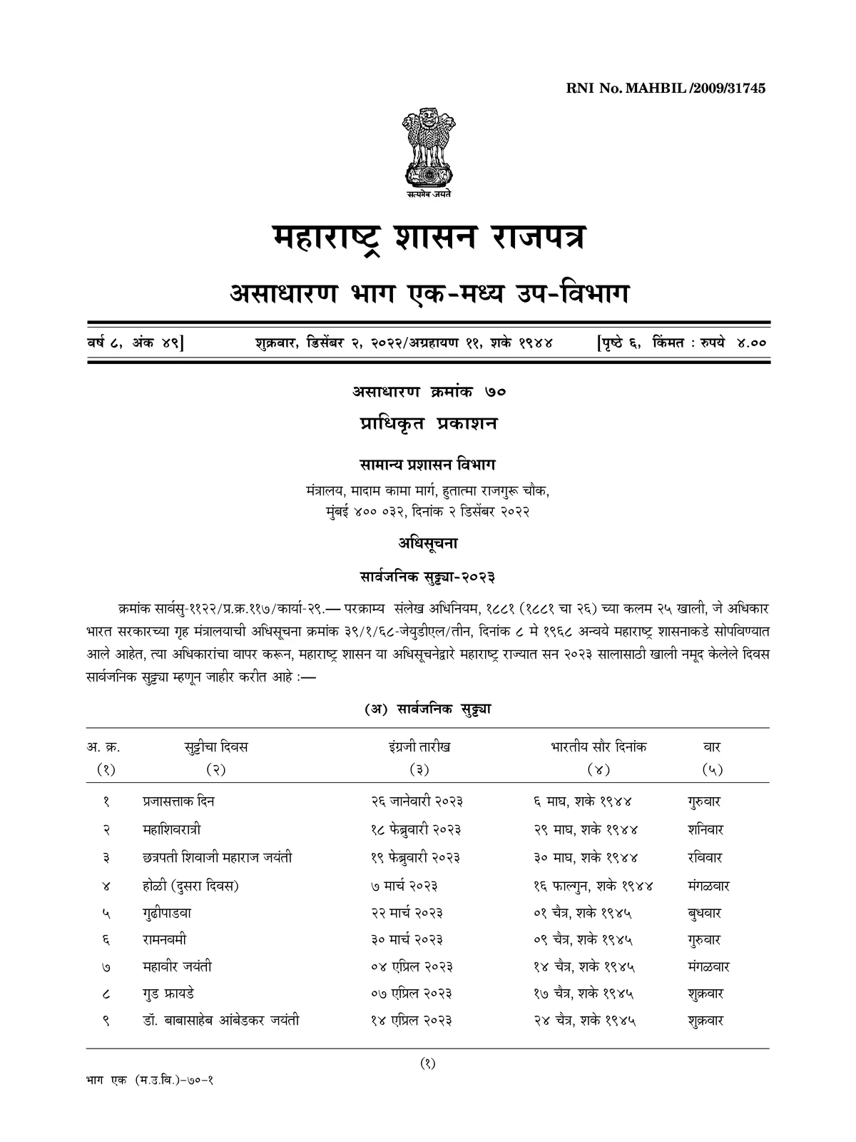 Maharashtra Government Holiday List 2023 PDF InstaPDF