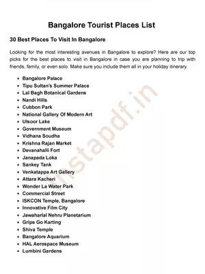 Bangalore Tourist Places List PDF