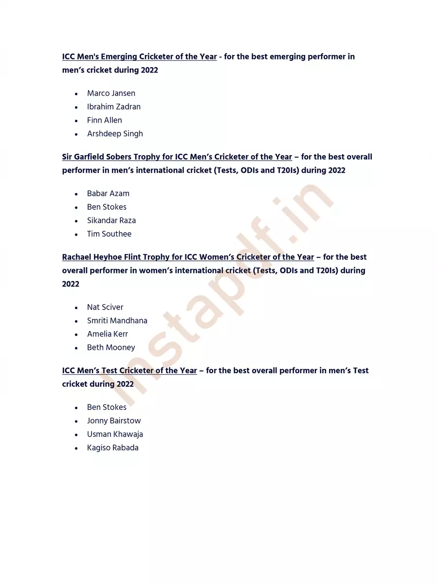 2nd Page of ICC Awards 2022 Winners List PDF