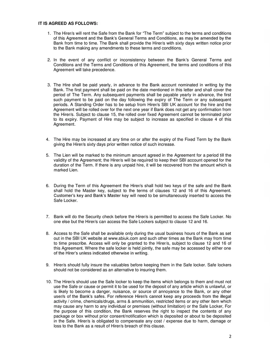 2nd Page of SBI Locker Agreement Form PDF