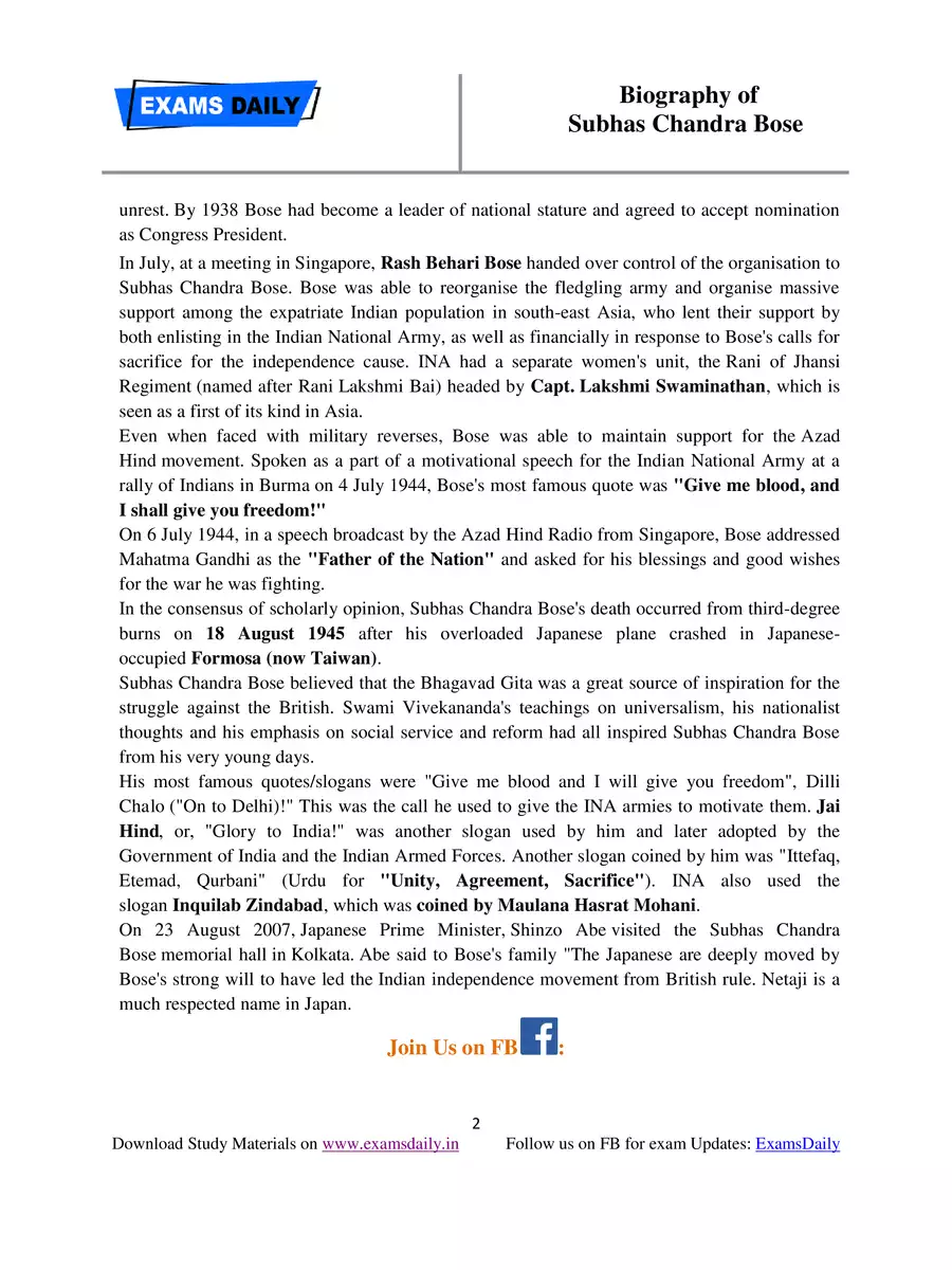 2nd Page of Subhash Chandra Bose Biography English PDF