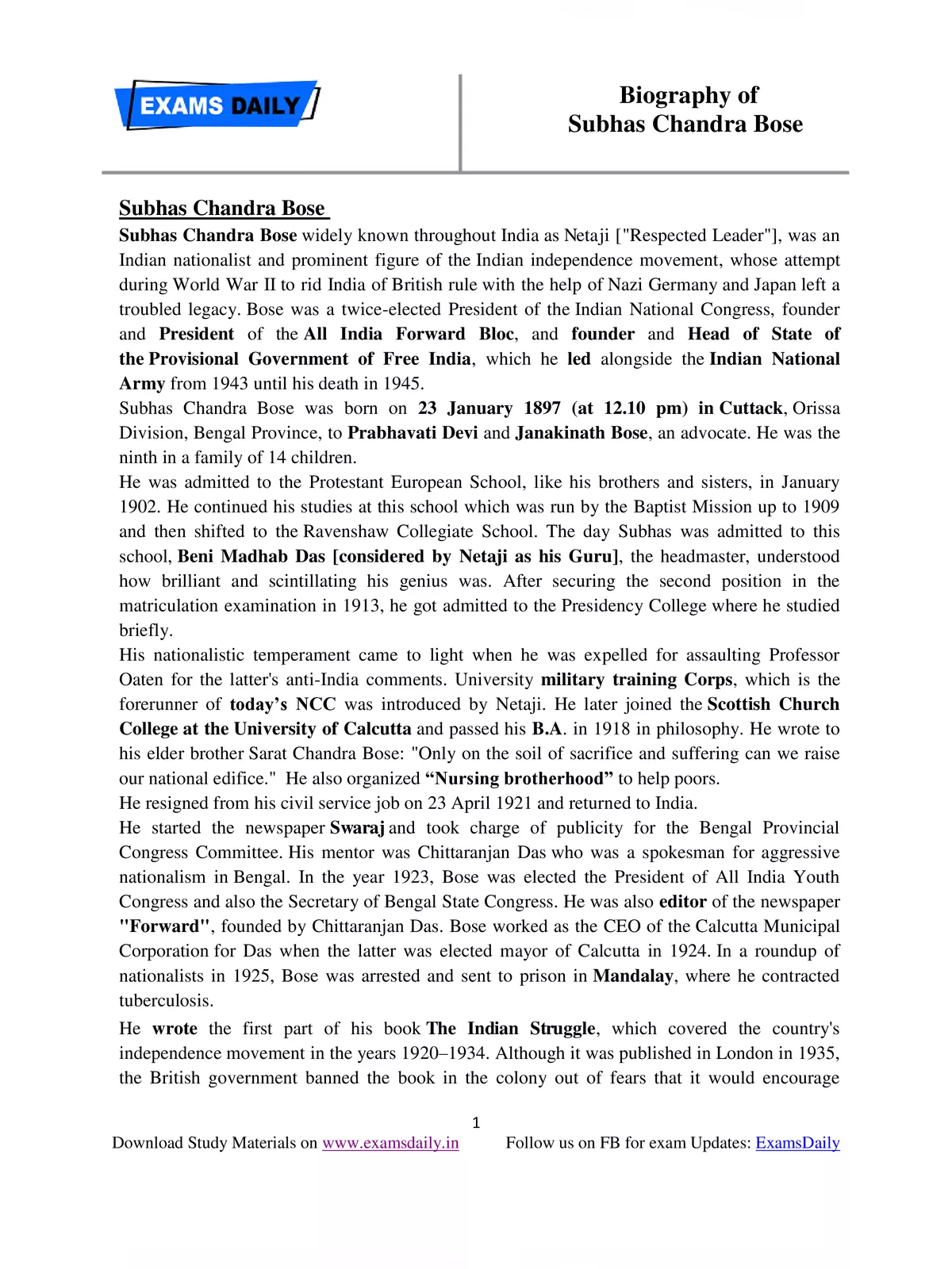 Subhash Chandra Bose Biography English