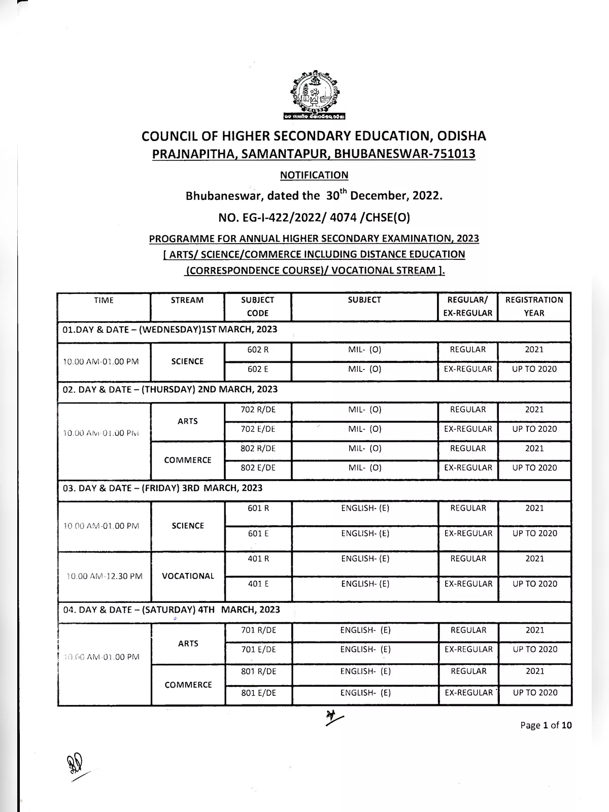 CHSE Exam Time Table 2023 Arts