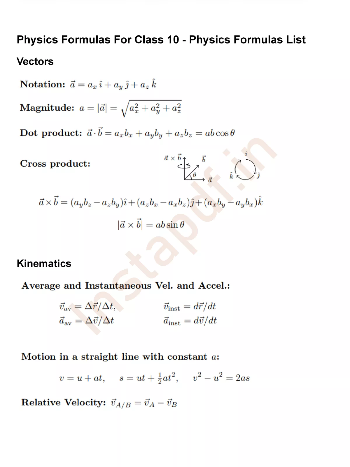 Class 10 Physics All Formulas