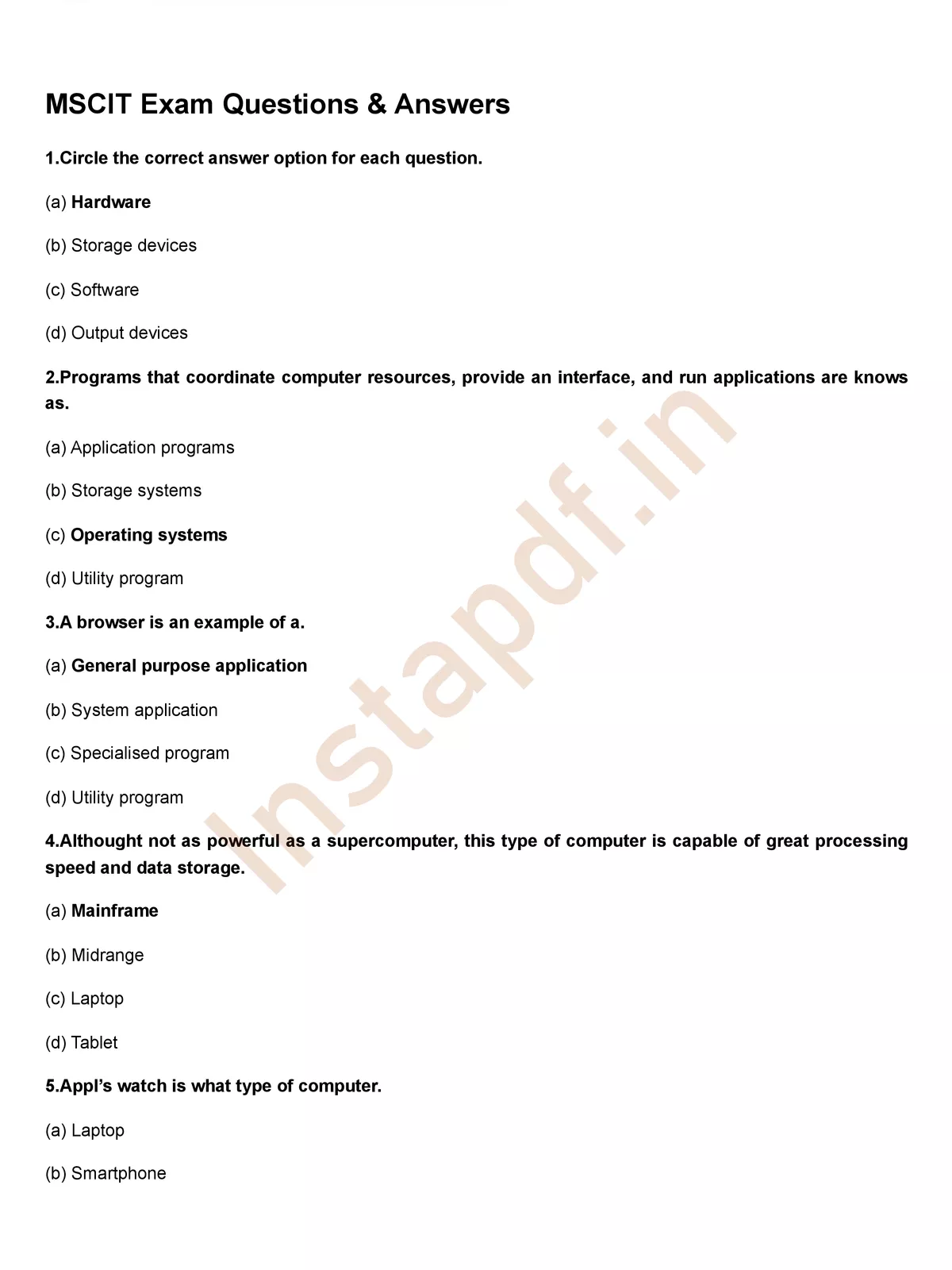 MSCIT  Exam Questions Answers
