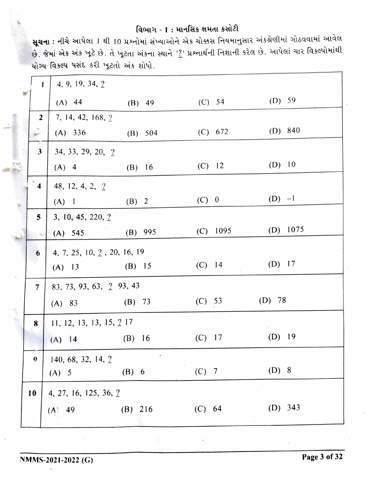 NMMS Exam Paper 2022 Gujarat