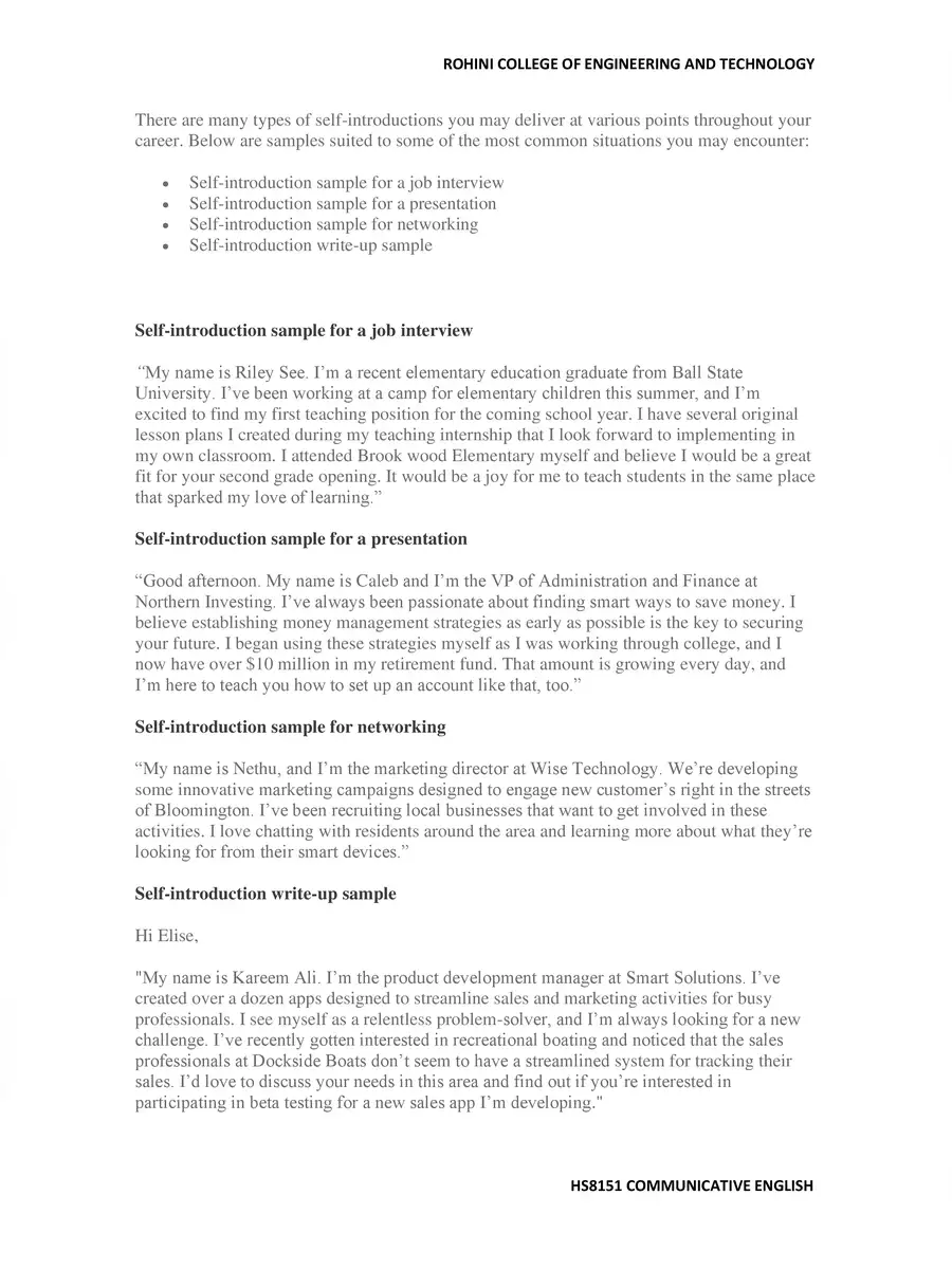 2nd Page of Self Introduction PDF