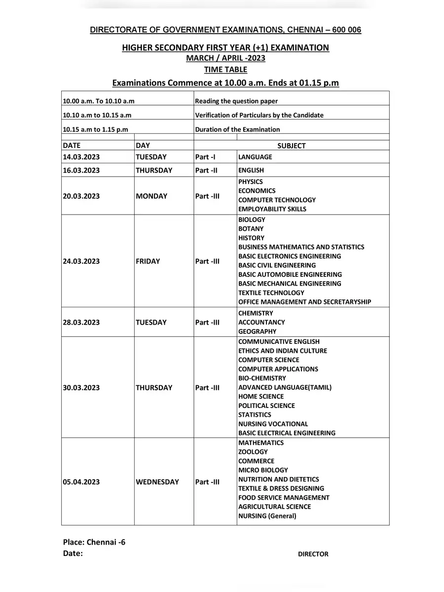2nd Page of 12th Public Exam Time Table 2023 PDF