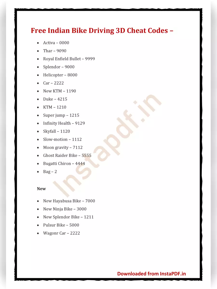 2nd Page of Indian Bike Games Cheat Codes List PDF