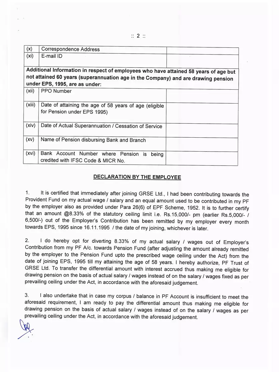 2nd Page of Joint Option Form for Higher Pension PDF