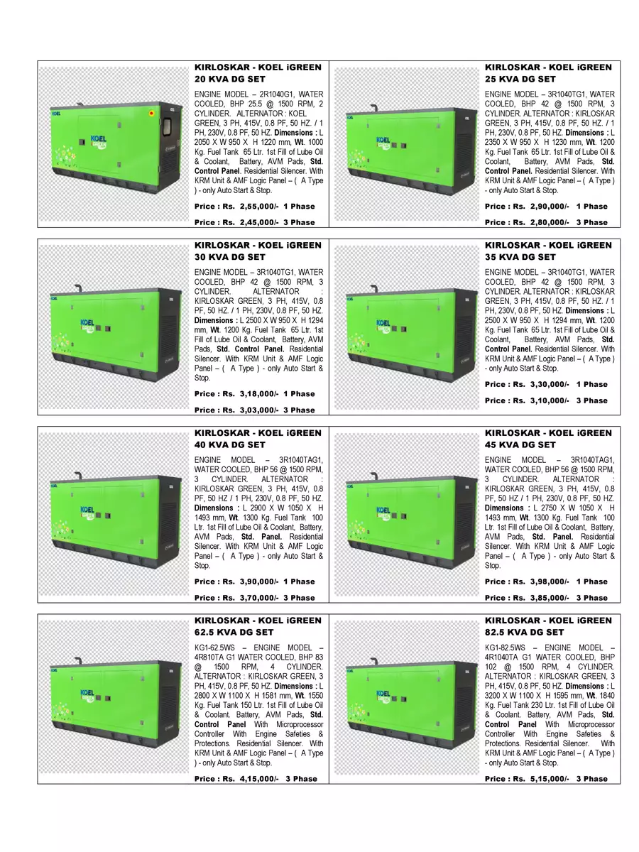 2nd Page of Kirloskar Generator Price List PDF