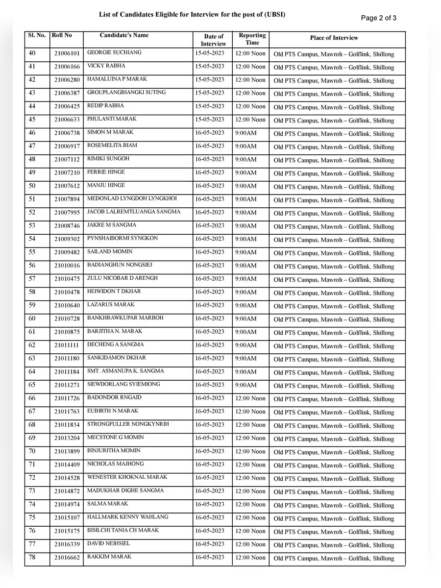 2nd Page of Meghalaya Police Result 2022 PDF