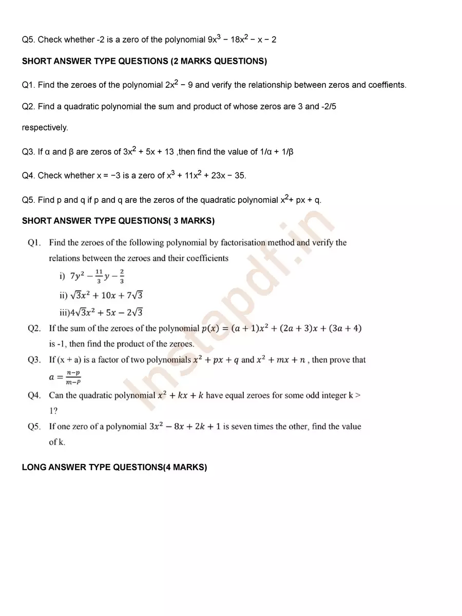 2nd Page of Most Important Questions for Class 10 Maths Board Exam 2023 PDF