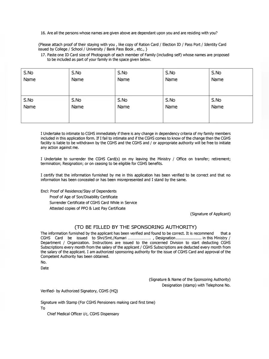 2nd Page of Pensioners CGHS Plastic Card Application Form PDF